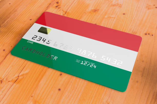 credit card with flag of hungary 3d - debt national landmark credit card paying imagens e fotografias de stock