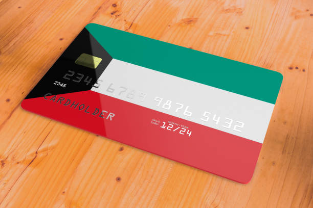 credit card with flag of kuwait 3d - debt national landmark credit card paying imagens e fotografias de stock