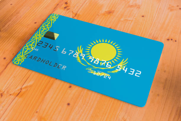 credit card with flag of kazakhstan 3d - debt national landmark credit card paying imagens e fotografias de stock