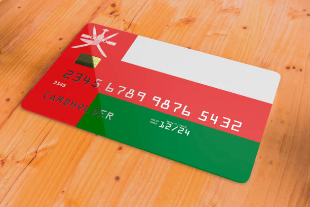 credit card with flag of oman 3d - debt national landmark credit card paying imagens e fotografias de stock