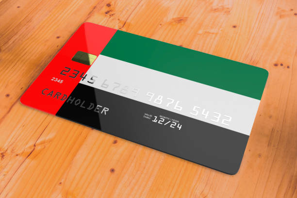 credit card with flag of  united arab emirates 3d - debt national landmark credit card paying imagens e fotografias de stock