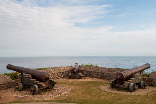 istock Three ancient cannons aimed at the sea 1341714837