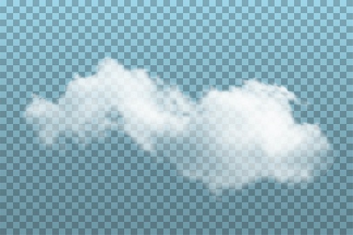 Cloud on blue transparent background. Realistic fluffy white cloud vector illustration. Overcast day nature outdoor
