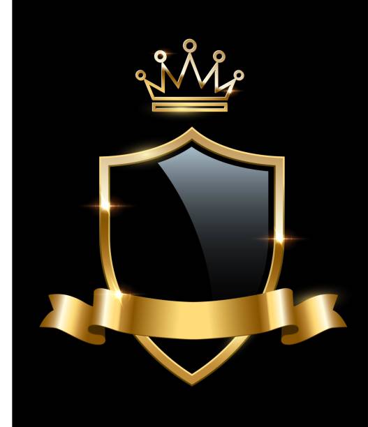 Glass shield with golden frame, crown and ribbon. Gold heraldic emblems vector illustration. Retro luxury elements with shining sparkles. Heraldry insignia, antique decor on black background Glass shield with golden frame, crown and ribbon. Gold heraldic emblems vector illustration. Retro luxury elements with shining sparkles. Heraldry insignia, antique decor on black background. black family crest stock illustrations