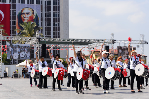 Izmir, Turkey - September 9, 2021: Izmir woman ryhthm group performing on the Republic square in izmir and on the day of Liberty Izmir.