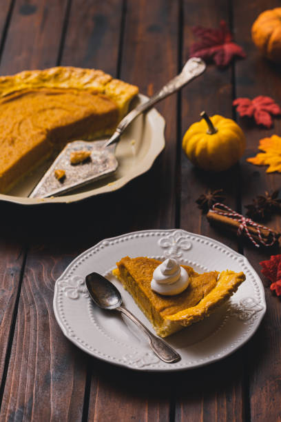 istock Thanksgiving holiday pumpkin pie with whipped topping 1341723127