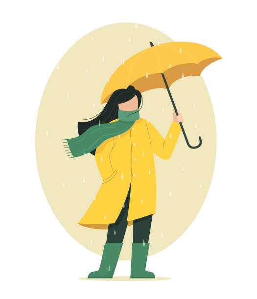 девушка в плащах и с зонтиком стоит под дождем. векторная иллюстрация. осенняя погода. - scarf blowing women autumn stock illustrations