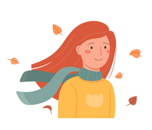 glückliches mädchen mit schal und fliegendem herbstlaub. vektorillustration. - scarf blowing women autumn stock-grafiken, -clipart, -cartoons und -symbole