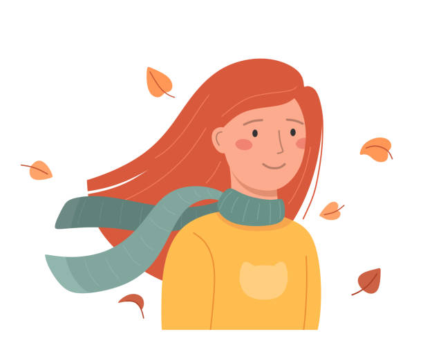 счастливая девушка с шарфом и летящими осенними листьями. векторная иллюстрация. - scarf blowing women autumn stock illustrations