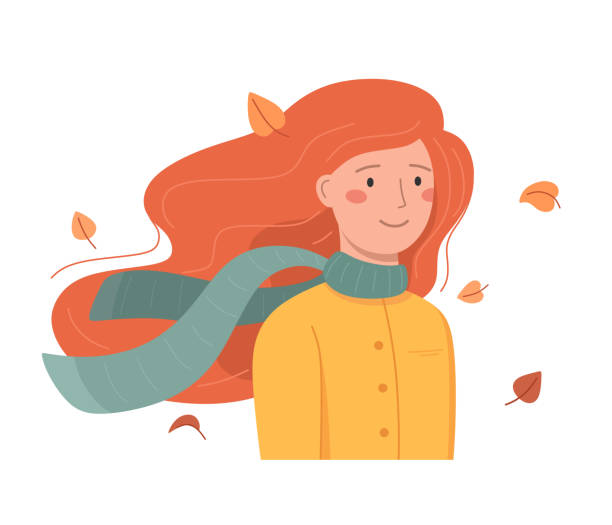 スカーフと飛ぶ紅葉を持つ幸せな女の子。ベクターの図。 - scarf blowing women autumn点のイラスト素材／クリップアート素材／マンガ素材／アイコン素材