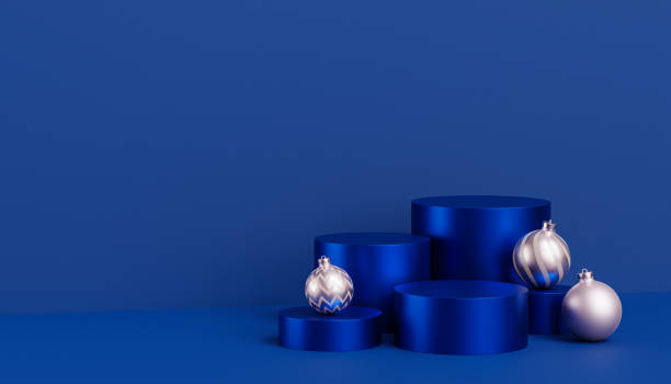 sfondo natalizio o capodanno, podi blu o piedistalli per prodotti o pubblicità con palline, rendering 3d - backdrop design decoration winter foto e immagini stock