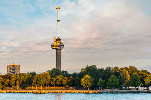 The Euromast at dawn, seen from the riverfront, Rotterdam. The Netherlands.