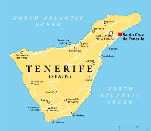 Tenerife island, political map, part of the Canary Islands, Spain Tenerife island, political map, with capital Santa Cruz de Tenerife. Largest and most populous island of Canary Islands, an archipelago and autonomous community of Spain, in the North Atlantic Ocean. tenerife stock illustrations