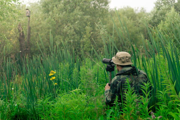 istock man birdwatcher makes field observation with a spotting scope standing among the tall grass 1341729173