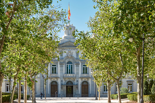 Madrid, Spain; September 21st, 2021: Building of the Supreme court, highest instance of the Spanish justice, behind the boulevard of the Plaza de Paris in Madrid
