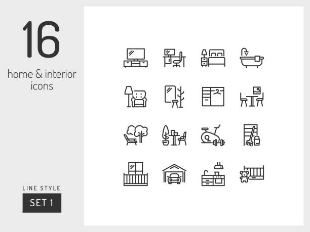 Set 1 of home room types on the white background. Home and interior linear icons to use in web and mobile app. breakfast room stock illustrations