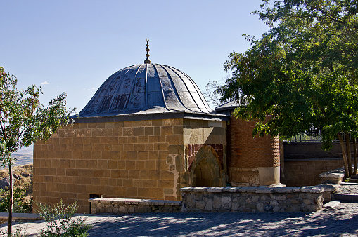 A brick wall with a gold dome on top. The wall is covered in vines and has a stone roof