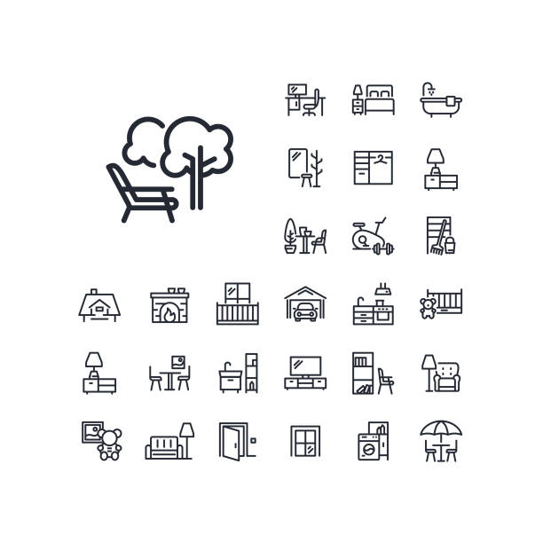 Deckchair in garden line icon in set on the white background. High quality outline symbol for web design or mobile app. terraced field stock illustrations