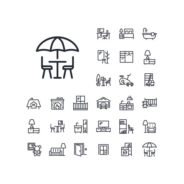Table and chairs under sun umbrella line icon in set on the white background. High quality outline symbol for web design or mobile app. terraced field stock illustrations