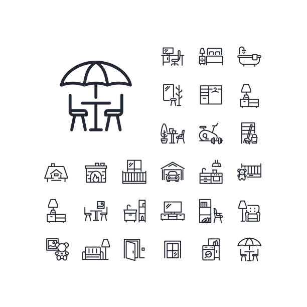 Table and chairs under sun umbrella line icon in set on the white background. High quality outline symbol for web design or mobile app. restaurants tables and chairs stock illustrations