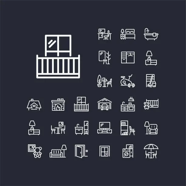 Vector illustration of Balcony line icon in set on the black background.