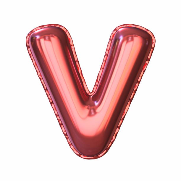 Red metallic balloon font Letter V 3D rendering illustration isolated on white background