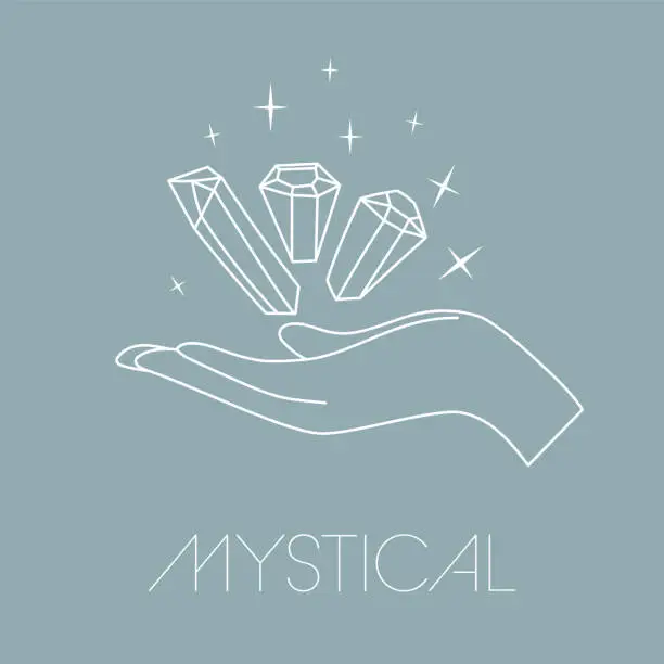 Vector illustration of Crystal over hand. Vector illustration in simple flat line style