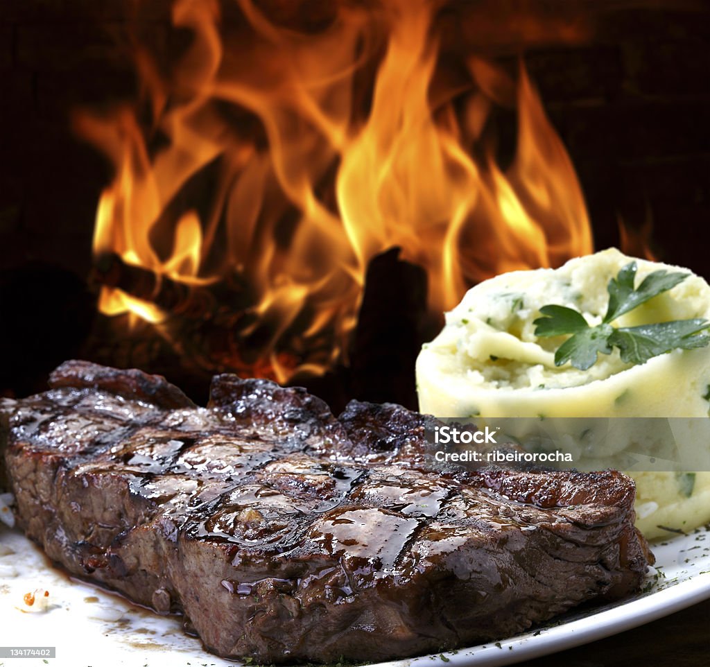 Grilled meat with mashed potatoes Barbecue - Meal Stock Photo