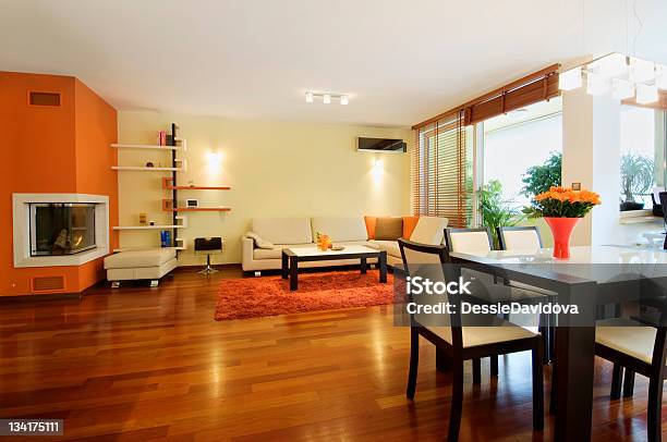 Modern Living Room Interior Stock Photo - Download Image Now - Domestic Room, Orange Color, Apartment