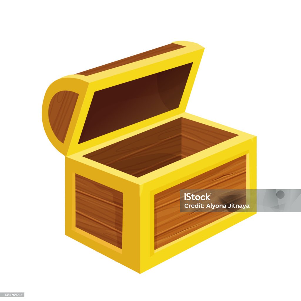 Wooden Open Empty Chest In Cartoon Style Isolated On White Background