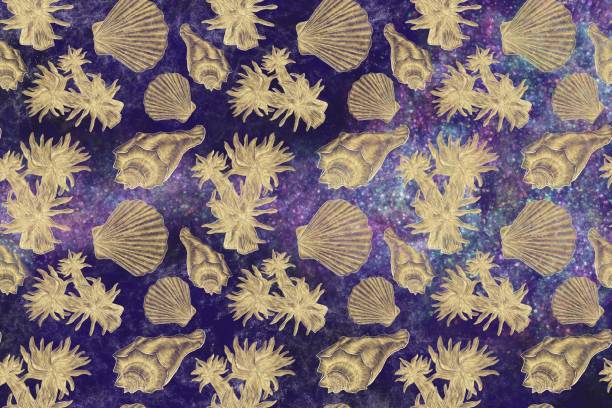 istock Decorative pattern of gold-hatched illustrations of algae and shells on the Milky Way background 1341761264