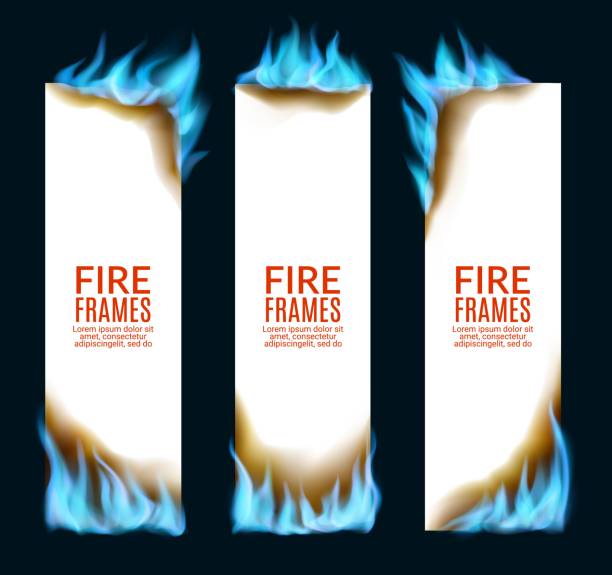 ilustrações de stock, clip art, desenhos animados e ícones de burning paper banners with natural gas flames fire - blue flame natural gas fireplace