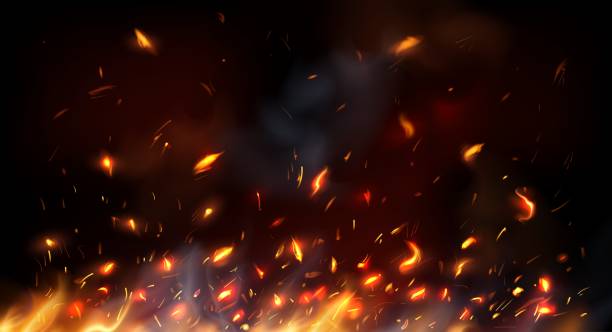 Campfire, fireplace flying sparks, burning flame Campfire, fireplace flying sparks, burning flame red hot sparks. Realistic vector fire with particles, embers and cinder flying up. 3d bonfire blaze effect, glow shining flare. Heat tongues background particle stock illustrations