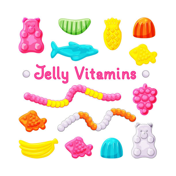 stockillustraties, clipart, cartoons en iconen met multi-colored sweet jelly vitamins candy set on a white isolated background. fish, bear, pineapple, worm various shapes. healthy sweets. vector cartoon illustration. - multi vitamine