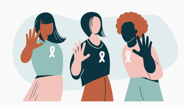 illustrazioni stock, clip art, cartoni animati e icone di tendenza di concetto di violenza di genere la donna mostra un gesto di stop o firma la protesta contro la discriminazione razziale o di genere. diversi personaggi femminili per un design di uguale diversità. festa della donna, illustrazione vettoriale della sorellanz - violenza donne