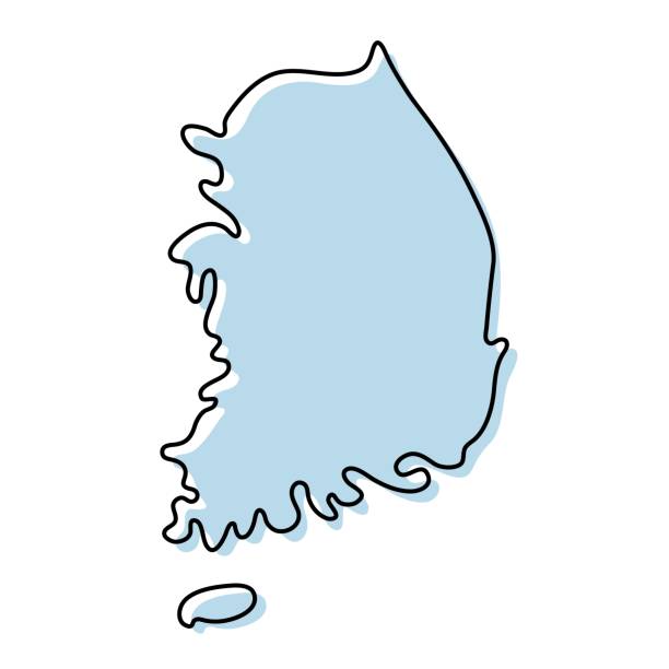 한국 아이콘의 간단한 윤곽지도. 대한민국 벡터 일러스트의 블루 스케치 맵 - south korea stock illustrations