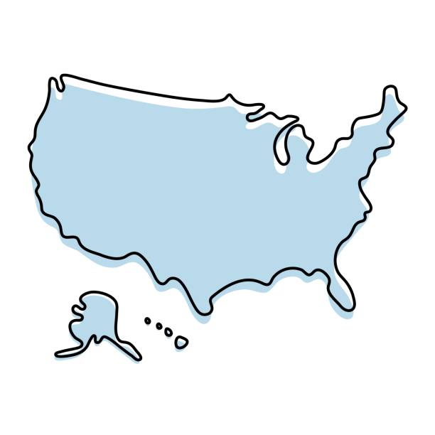 미국 아이콘의 양식에 일치시키는 간단한 윤곽지도. 미국 벡터 일러스트의 블루 스케치 맵 - 지도 stock illustrations