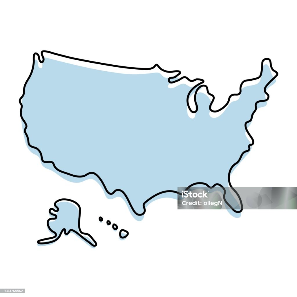 Stylized simple outline map of USA icon. Blue sketch map of America vector illustration - Royalty-free ABD Vector Art