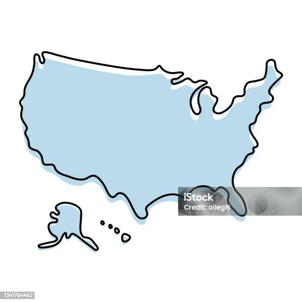 Stylized Simple Outline Map Of Usa Icon Blue Sketch Map Of America Vector Illustration Stok Vektör Sanatı & ABD‘nin Daha Fazla Görseli