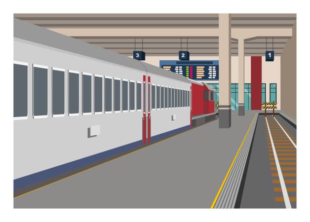 Passenger train stops at terminus railway station. Simple illustration in perspective view. Simple flat illustration of passenger train stops at terminus railway station in perspective view. train stations stock illustrations