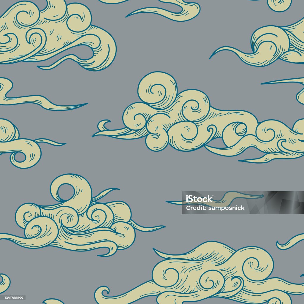 Swirly Blowing Wind And Cloud Brocade Seamless Pattern Stock ...