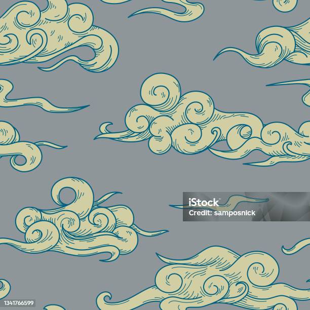 Wind Slit Pattern Swirly Blowing Wind And Cloud Brocade Seamless Pattern Stock ...
