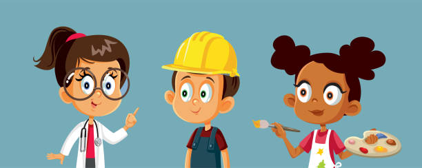 bildbanksillustrationer, clip art samt tecknat material och ikoner med children choosing professions for the future vector illustration - drömjobb