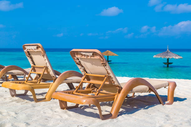 istock Sun bed and parasol at tropical beach 1341769758