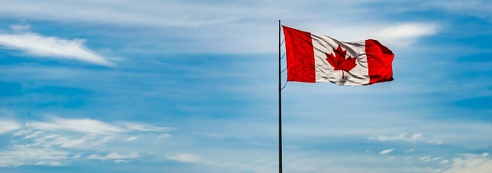 Panorama of Canada Flag unfurled and \nflying to the right against a blue sky with streaking clouds