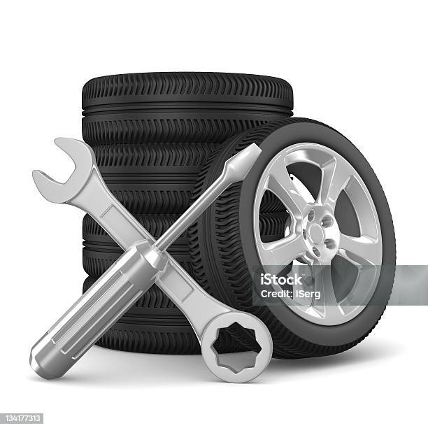 Car Service Isolated 3d Image Stock Photo - Download Image Now - Car, Tire - Vehicle Part, Work Tool