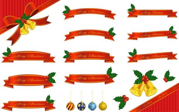 weihnachtswickelband mit stechpalme, weihnachtskugel und glockenset - bell frame ribbon vector stock-grafiken, -clipart, -cartoons und -symbole