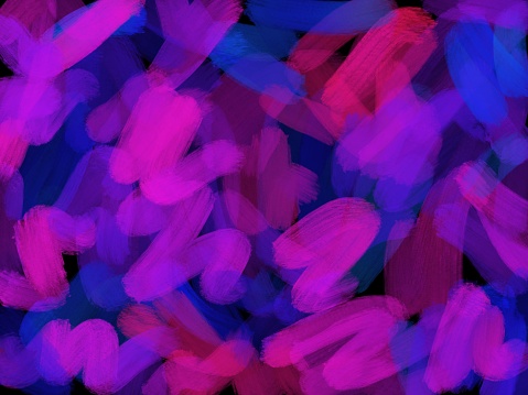 Abstract background illustration drawn with pink and blue neon color brushes on a black background