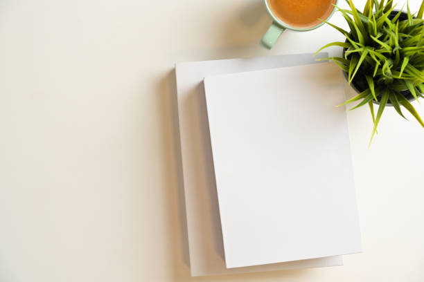 istock Two of blank book cover with coffee cup, plant and copy space 1341781285