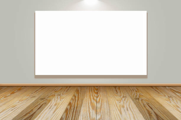 istock Empty blank white mock up posters pictures black frames on gallery wall with brown wooden floor, front view backgrounds - Horizontal blank billboard 1341781365